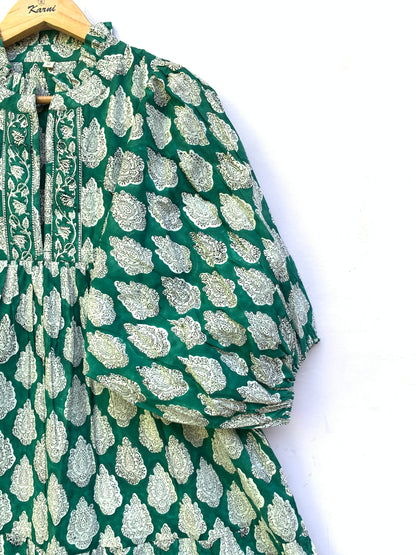 Green White Leaf Block Print Cotton Dress – Handcrafted Boho Midi Dress with Puff Sleeves – Free Shipping