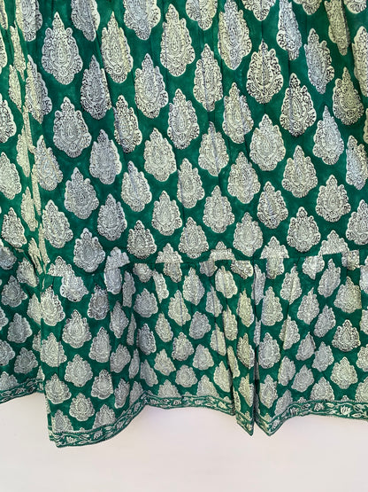 Green White Leaf Block Print Cotton Dress – Handcrafted Boho Midi Dress with Puff Sleeves – Free Shipping