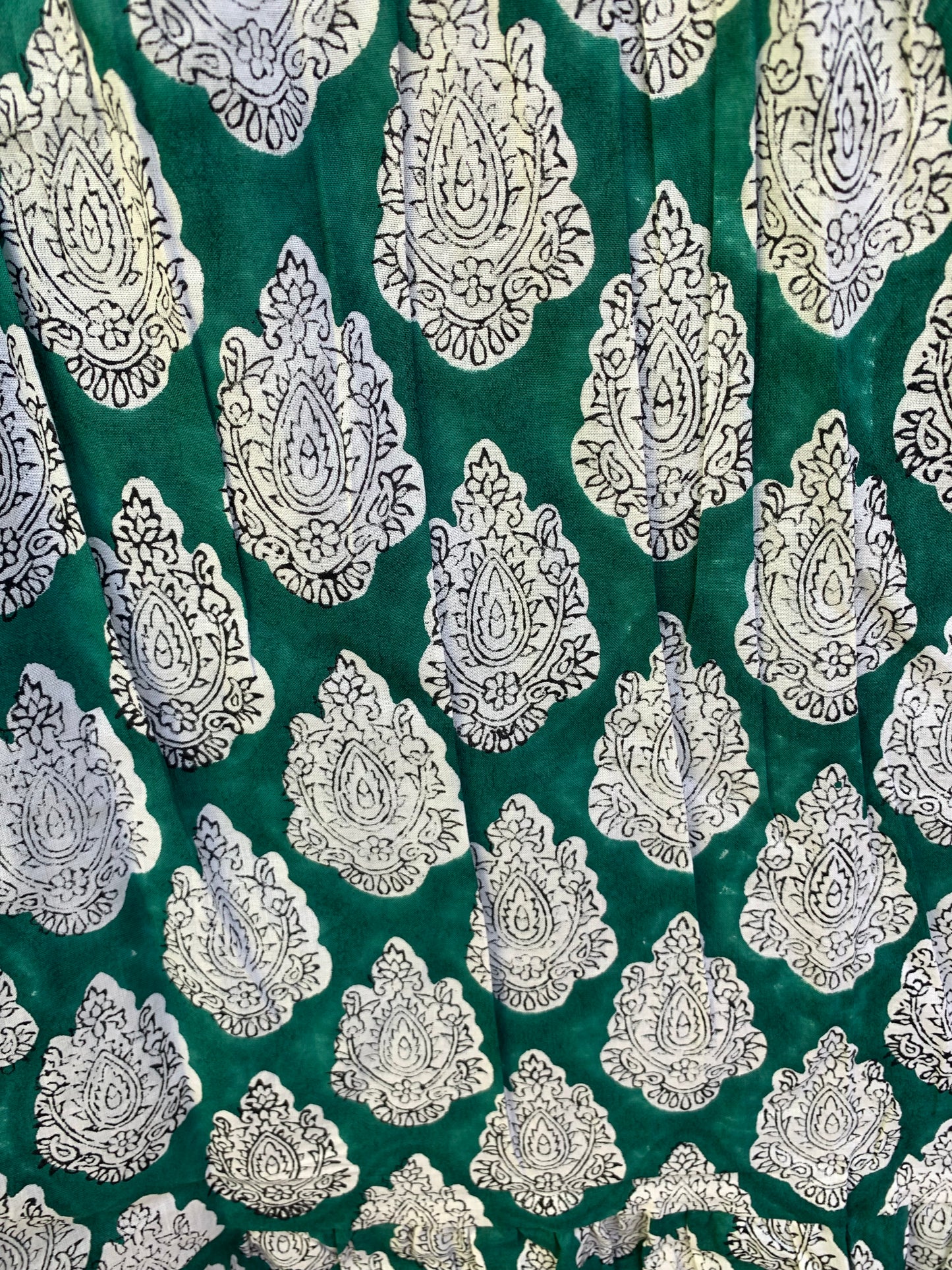 Green White Leaf Block Print Cotton Dress – Handcrafted Boho Midi Dress with Puff Sleeves – Free Shipping