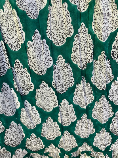 Green White Leaf Block Print Cotton Dress – Handcrafted Boho Midi Dress with Puff Sleeves – Free Shipping