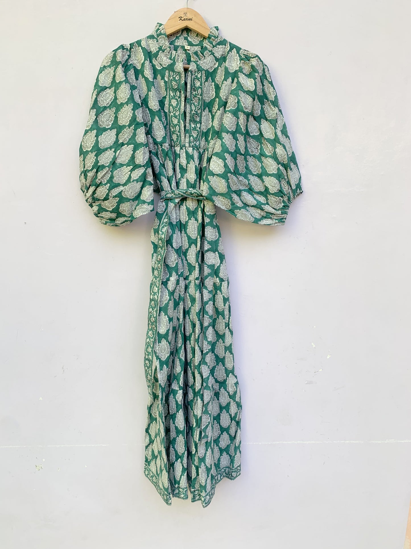 Green White Leaf Block Print Cotton Dress – Handcrafted Boho Midi Dress with Puff Sleeves – Free Shipping