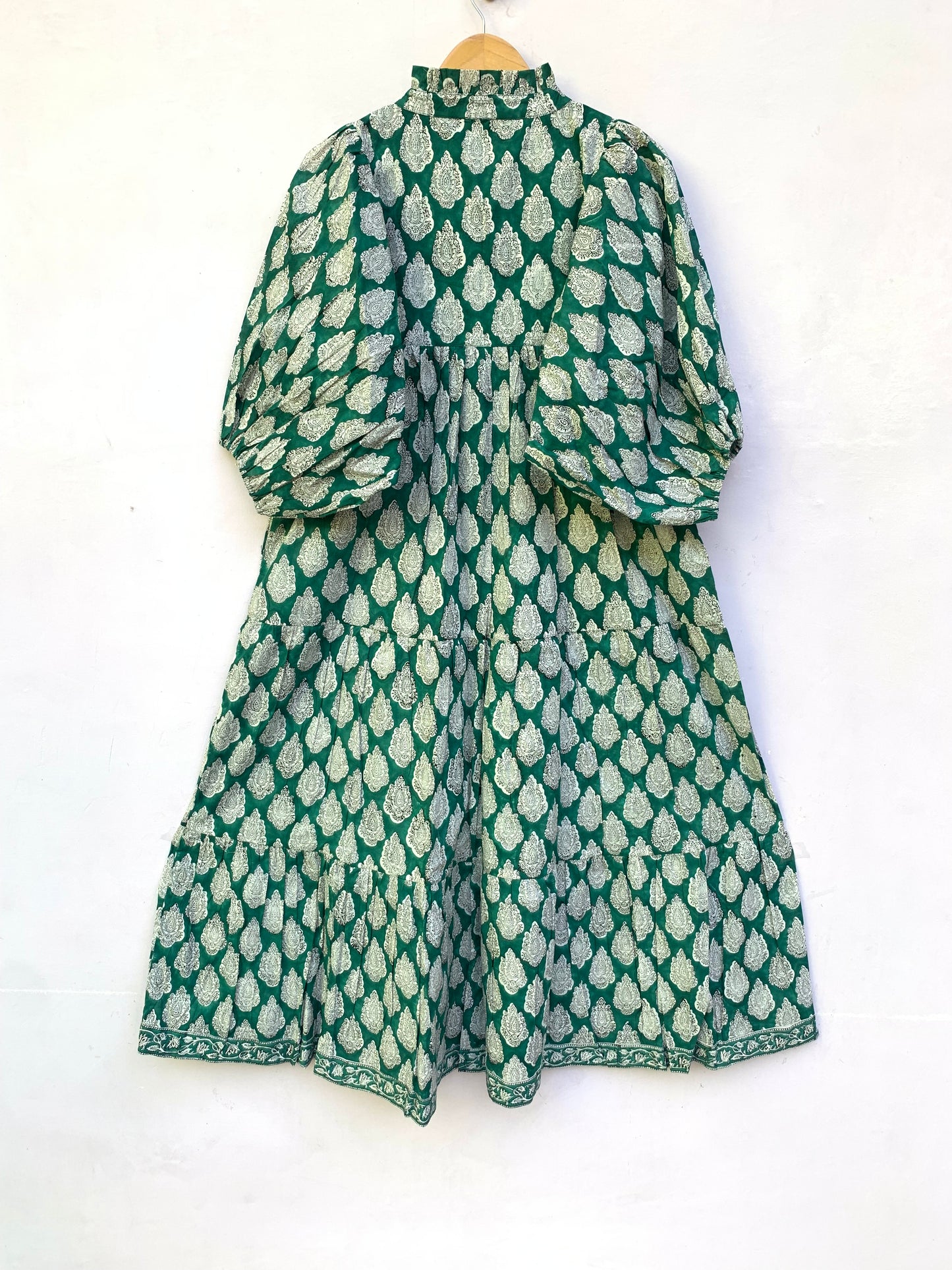 Green White Leaf Block Print Cotton Dress – Handcrafted Boho Midi Dress with Puff Sleeves – Free Shipping