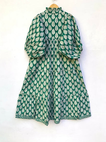 Green White Leaf Block Print Cotton Dress – Handcrafted Boho Midi Dress with Puff Sleeves – Free Shipping
