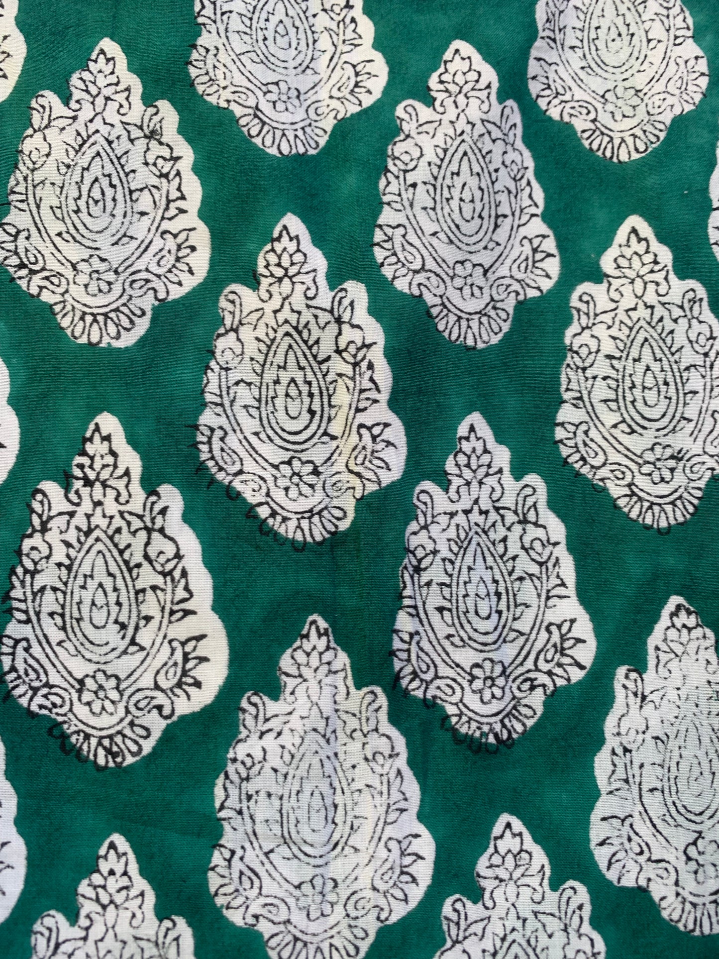 Green White Leaf Block Print Cotton Dress – Handcrafted Boho Midi Dress with Puff Sleeves – Free Shipping