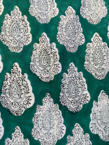 Green White Leaf Block Print Cotton Dress – Handcrafted Boho Midi Dress with Puff Sleeves – Free Shipping