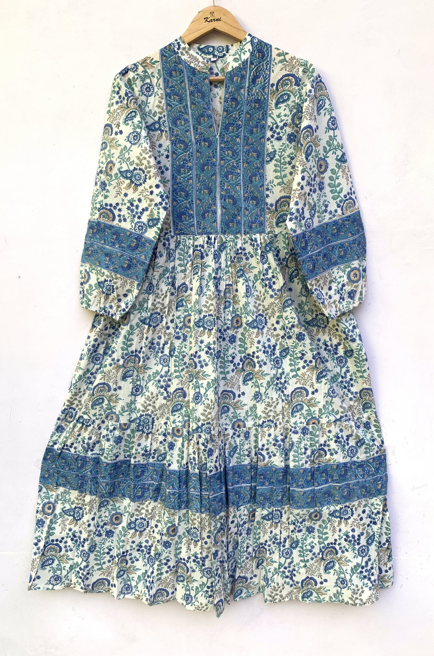 Green White Leaf Block Print Cotton Dress – Handcrafted Boho Midi Dress with Puff Sleeves – Free Shipping