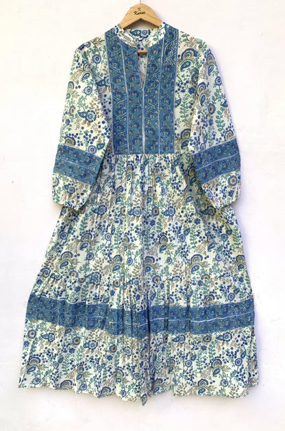 Green White Leaf Block Print Cotton Dress – Handcrafted Boho Midi Dress with Puff Sleeves – Free Shipping