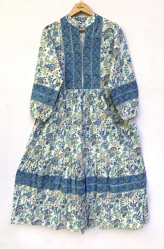 Green White Leaf Block Print Cotton Dress – Handcrafted Boho Midi Dress with Puff Sleeves – Free Shipping