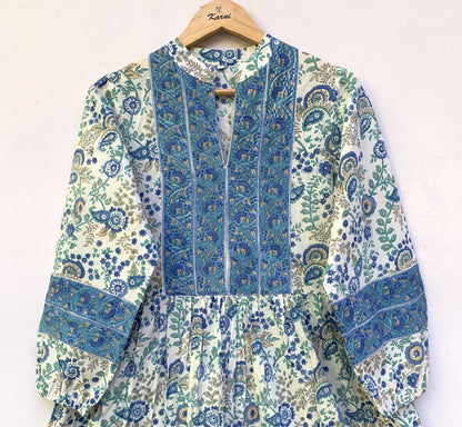 Green White Leaf Block Print Cotton Dress – Handcrafted Boho Midi Dress with Puff Sleeves – Free Shipping