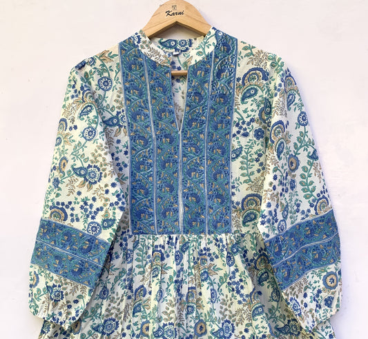 Green White Leaf Block Print Cotton Dress – Handcrafted Boho Midi Dress with Puff Sleeves – Free Shipping