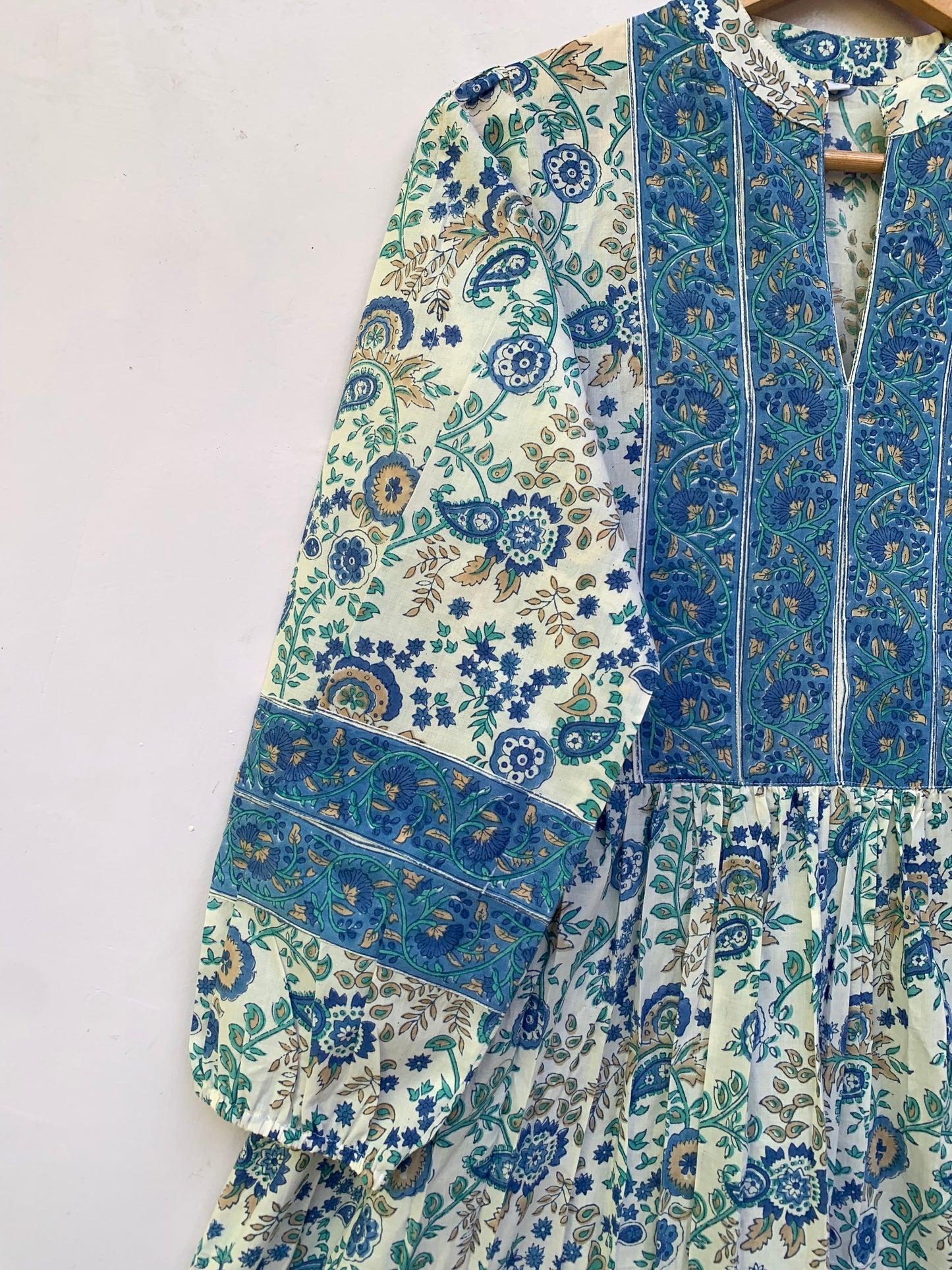 Green White Leaf Block Print Cotton Dress – Handcrafted Boho Midi Dress with Puff Sleeves – Free Shipping