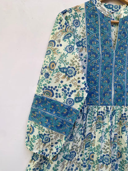 Green White Leaf Block Print Cotton Dress – Handcrafted Boho Midi Dress with Puff Sleeves – Free Shipping