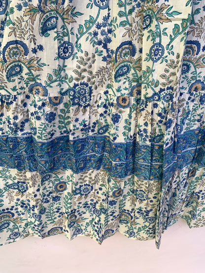 Green White Leaf Block Print Cotton Dress – Handcrafted Boho Midi Dress with Puff Sleeves – Free Shipping