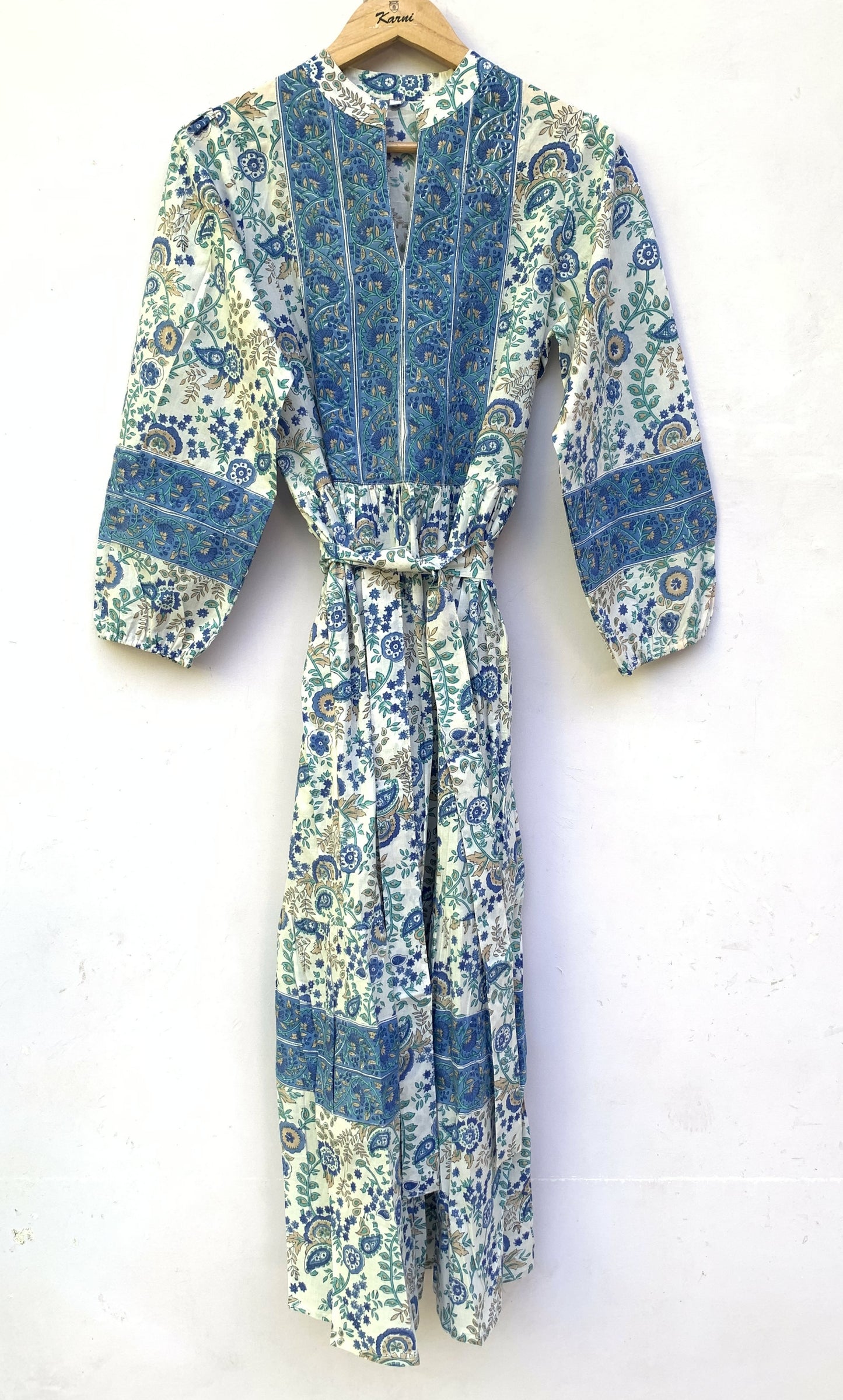 Green White Leaf Block Print Cotton Dress – Handcrafted Boho Midi Dress with Puff Sleeves – Free Shipping