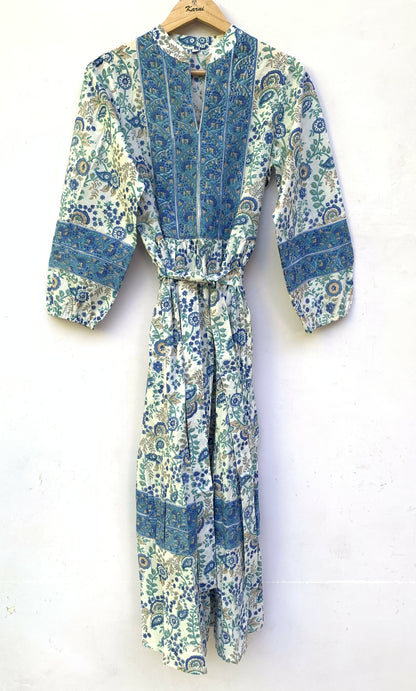 Green White Leaf Block Print Cotton Dress – Handcrafted Boho Midi Dress with Puff Sleeves – Free Shipping