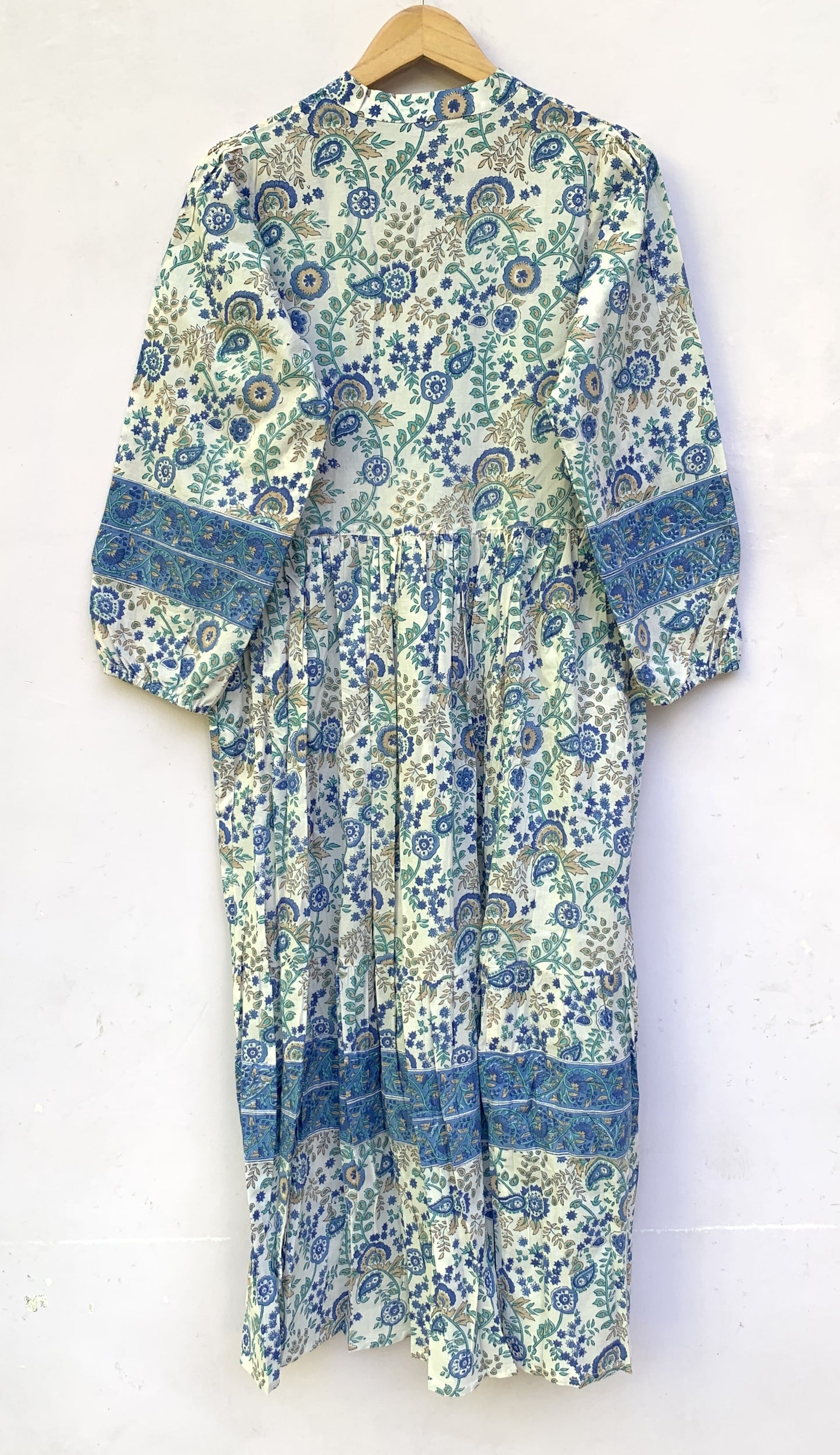 Green White Leaf Block Print Cotton Dress – Handcrafted Boho Midi Dress with Puff Sleeves – Free Shipping