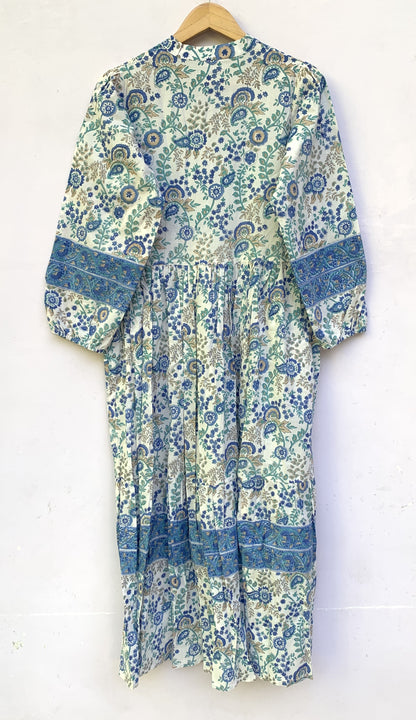 Green White Leaf Block Print Cotton Dress – Handcrafted Boho Midi Dress with Puff Sleeves – Free Shipping