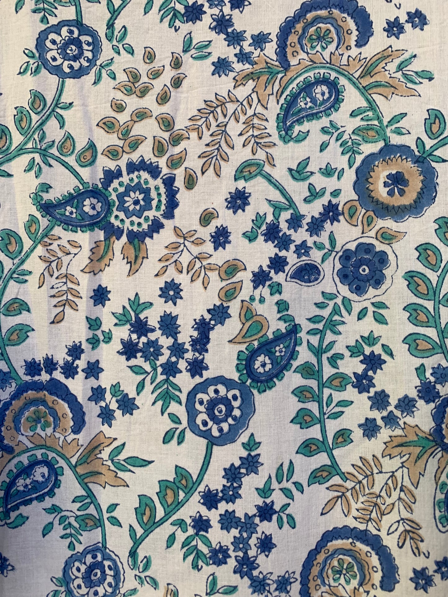 Green White Leaf Block Print Cotton Dress – Handcrafted Boho Midi Dress with Puff Sleeves – Free Shipping