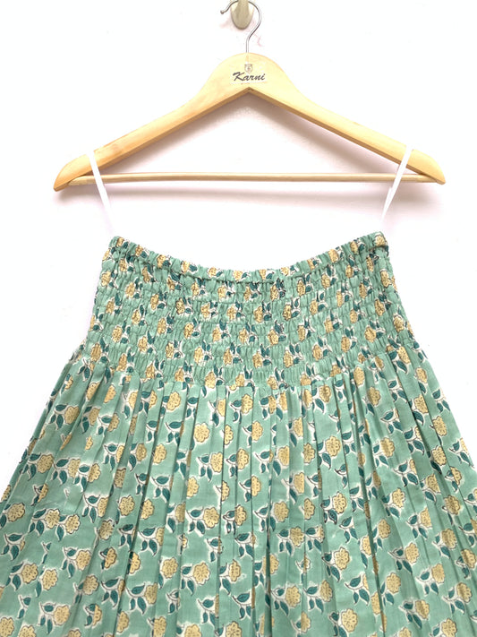 green-yellow small floral pattern printed women's maxi skirts