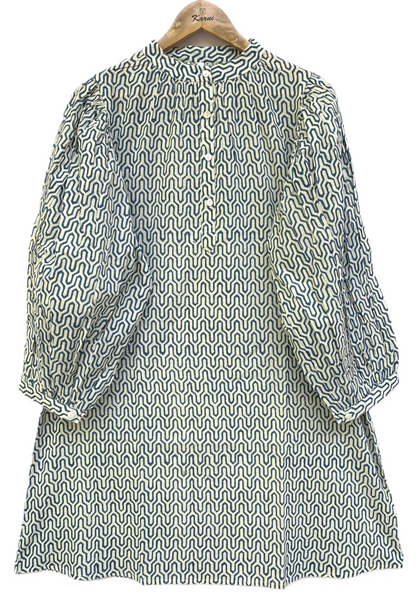 Handmade Blue Geometric Dress – Cotton Boho Mini with Puff Sleeves