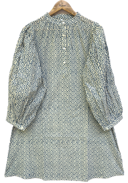 Handmade Blue Geometric Dress – Cotton Boho Mini with Puff Sleeves