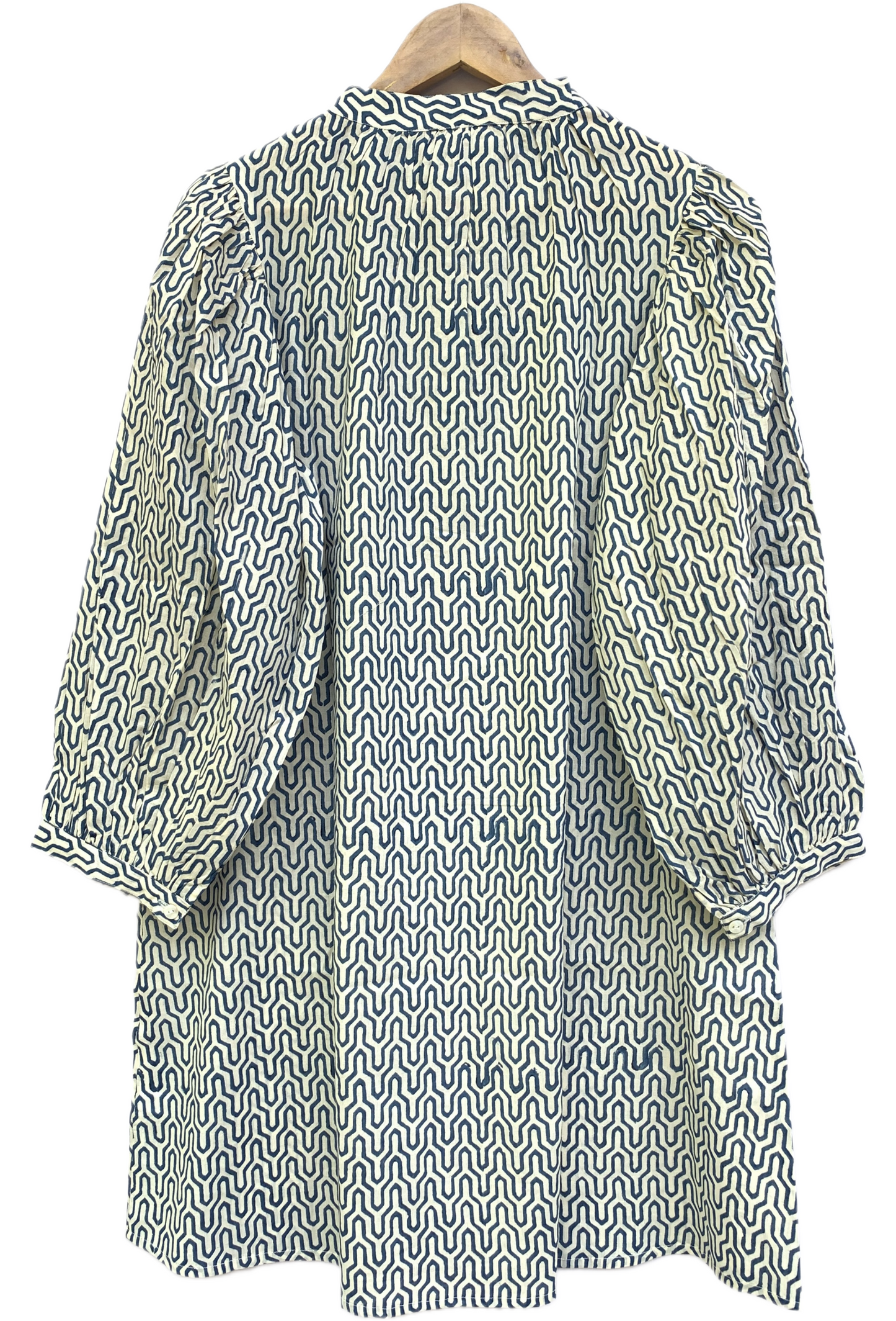 Handmade Blue Geometric Dress – Cotton Boho Mini with Puff Sleeves