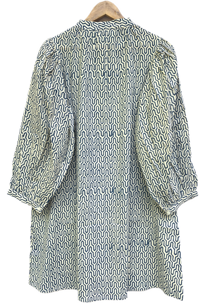 Handmade Blue Geometric Dress – Cotton Boho Mini with Puff Sleeves