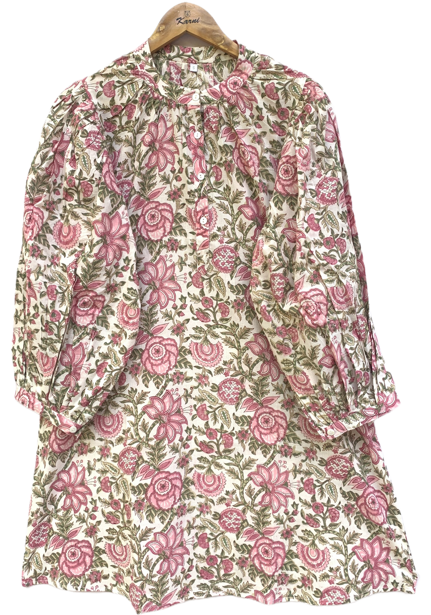 Pink Botanical Floral Block Print Dress – Cotton Boho Mini with Balloon Sleeves