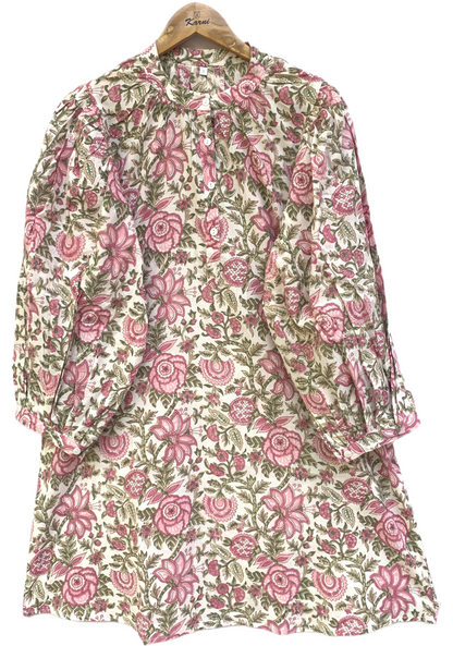Pink Botanical Floral Block Print Dress – Cotton Boho Mini with Balloon Sleeves