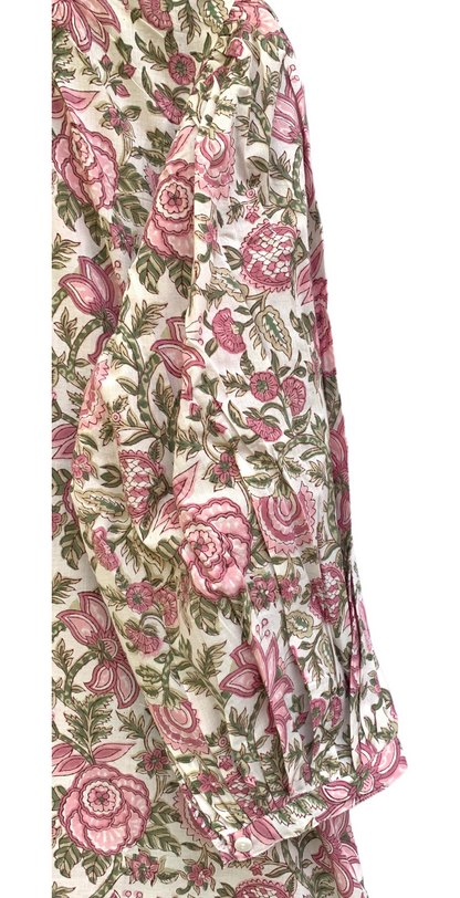 Pink Botanical Floral Block Print Dress – Cotton Boho Mini with Balloon Sleeves