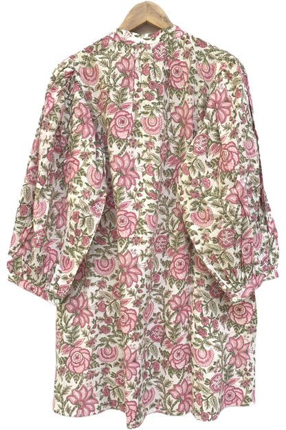 Pink Botanical Floral Block Print Dress – Cotton Boho Mini with Balloon Sleeves