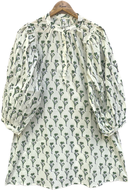 Green Floral Block Print Dress – Cotton Boho Mini with Balloon Sleeves