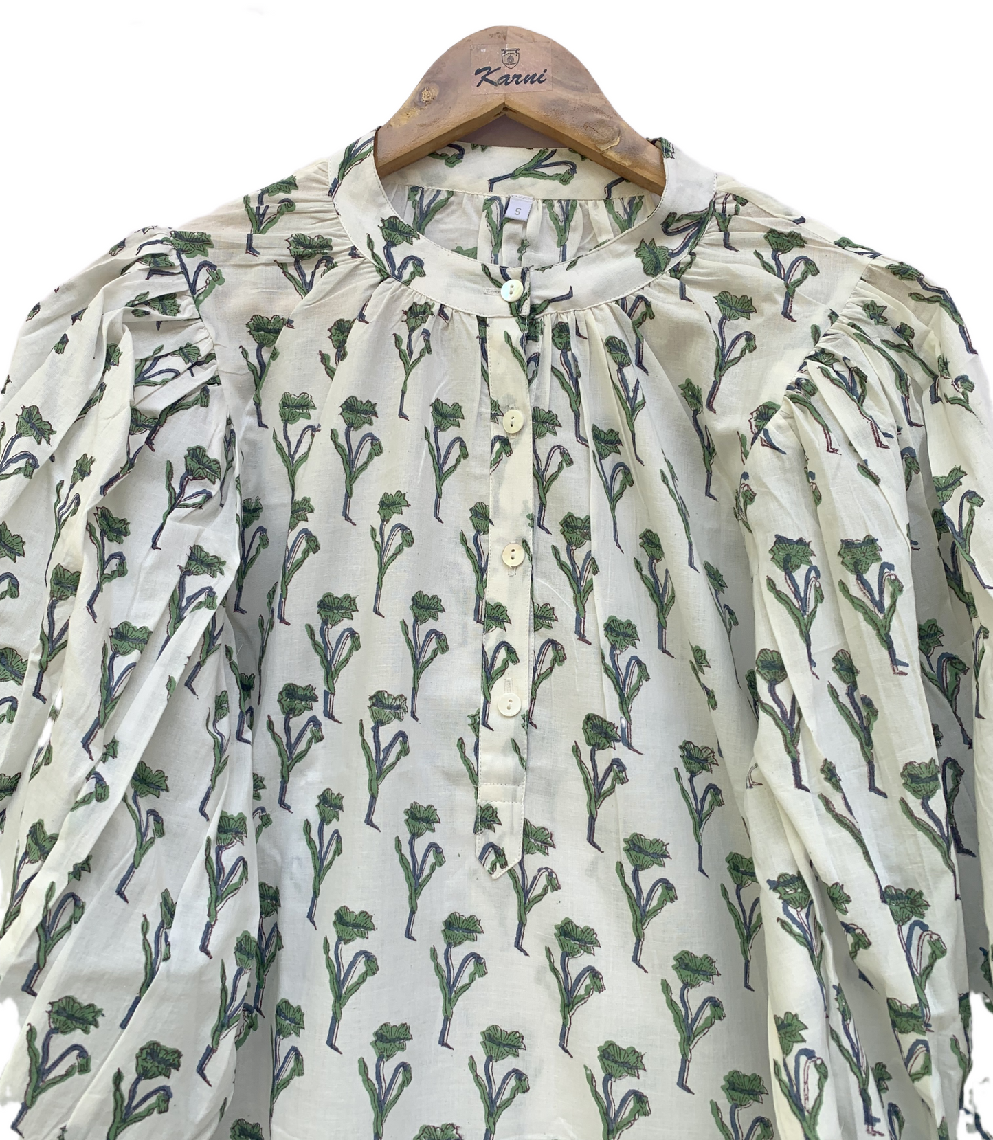 Green Floral Block Print Dress – Cotton Boho Mini with Balloon Sleeves