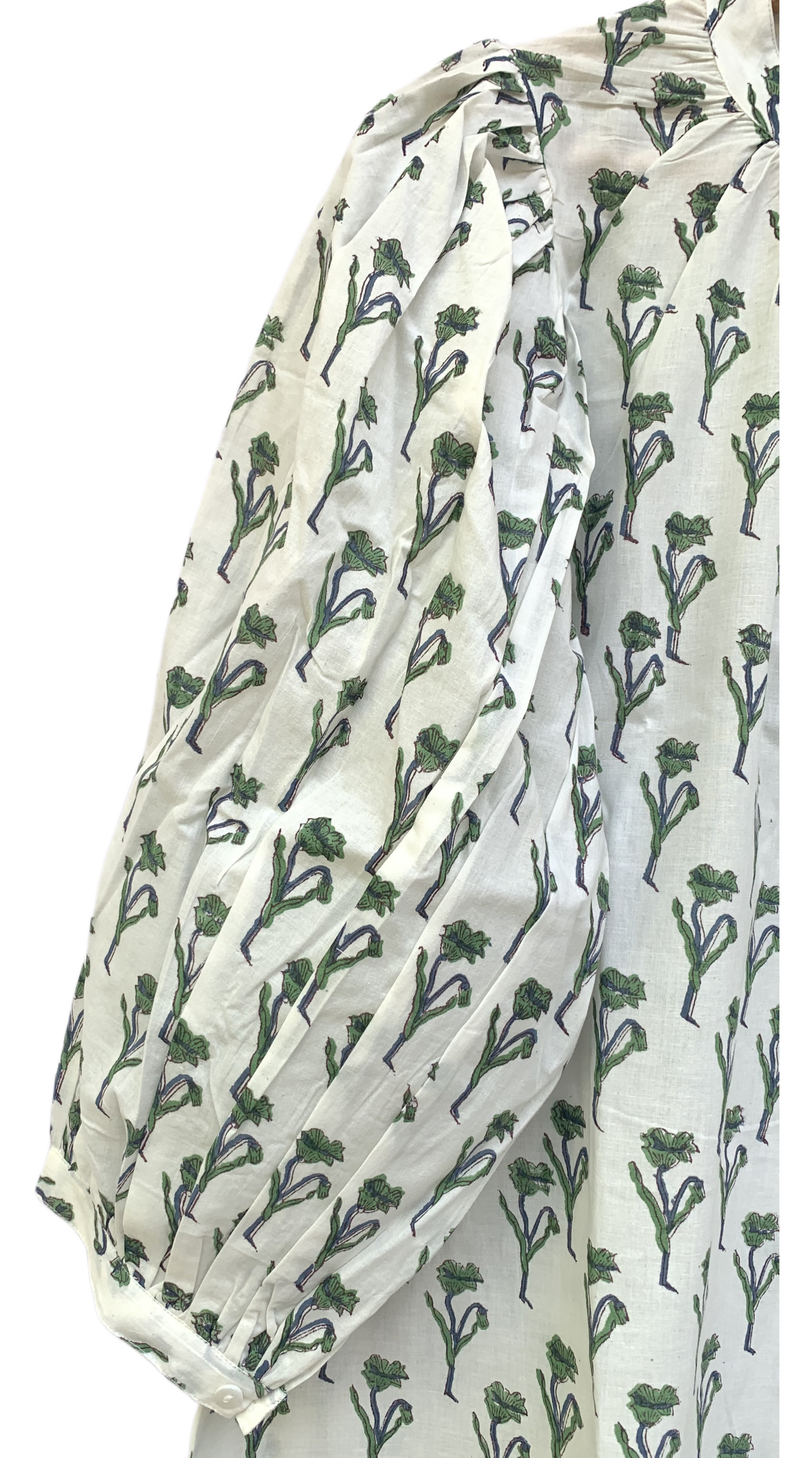 Green Floral Block Print Dress – Cotton Boho Mini with Balloon Sleeves