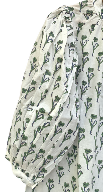 Green Floral Block Print Dress – Cotton Boho Mini with Balloon Sleeves