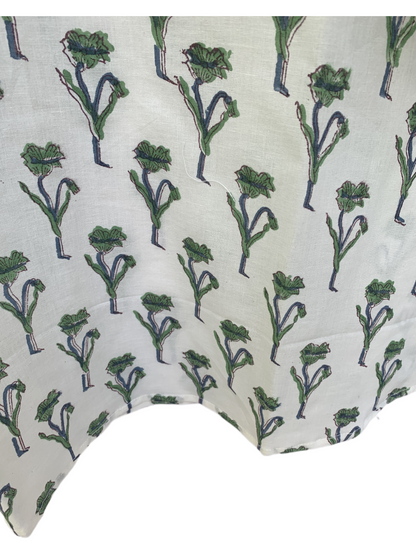 Green Floral Block Print Dress – Cotton Boho Mini with Balloon Sleeves