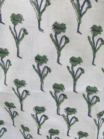 Green Floral Block Print Dress – Cotton Boho Mini with Balloon Sleeves