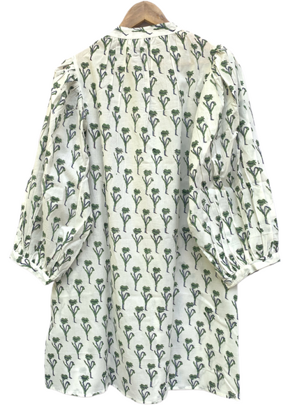 Green Floral Block Print Dress – Cotton Boho Mini with Balloon Sleeves