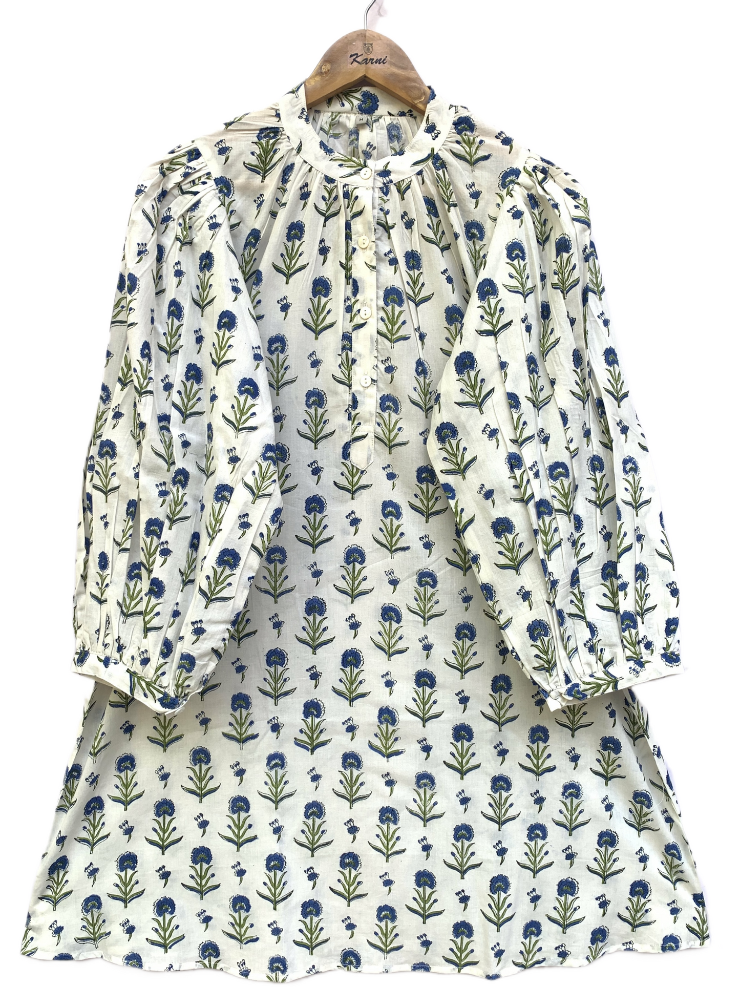 White & Blue Floral Block Print Dress – Handmade Cotton Mini