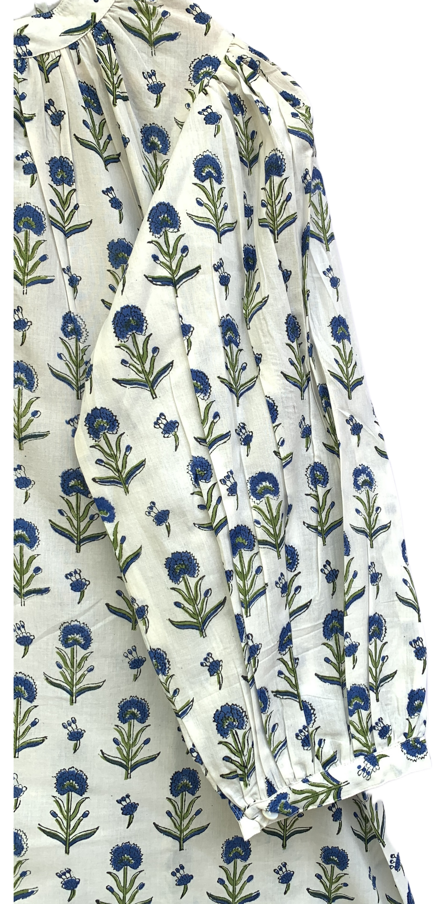 White & Blue Floral Block Print Dress – Handmade Cotton Mini