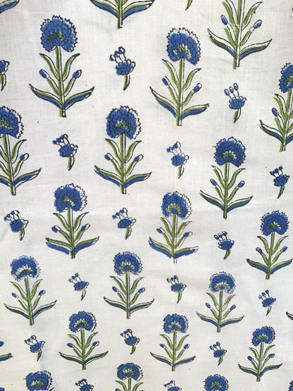 White & Blue Floral Block Print Dress – Handmade Cotton Mini