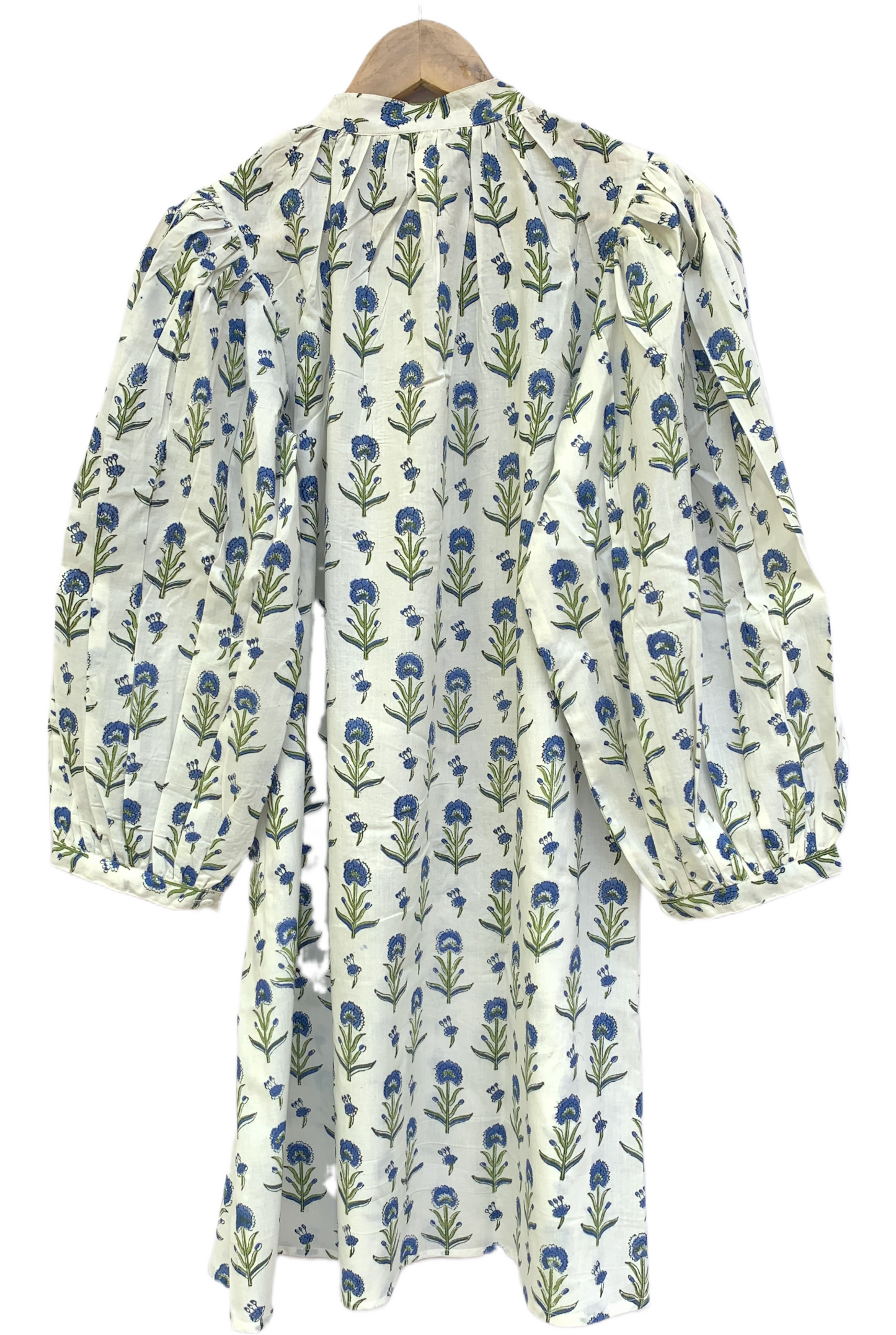 White & Blue Floral Block Print Dress – Handmade Cotton Mini