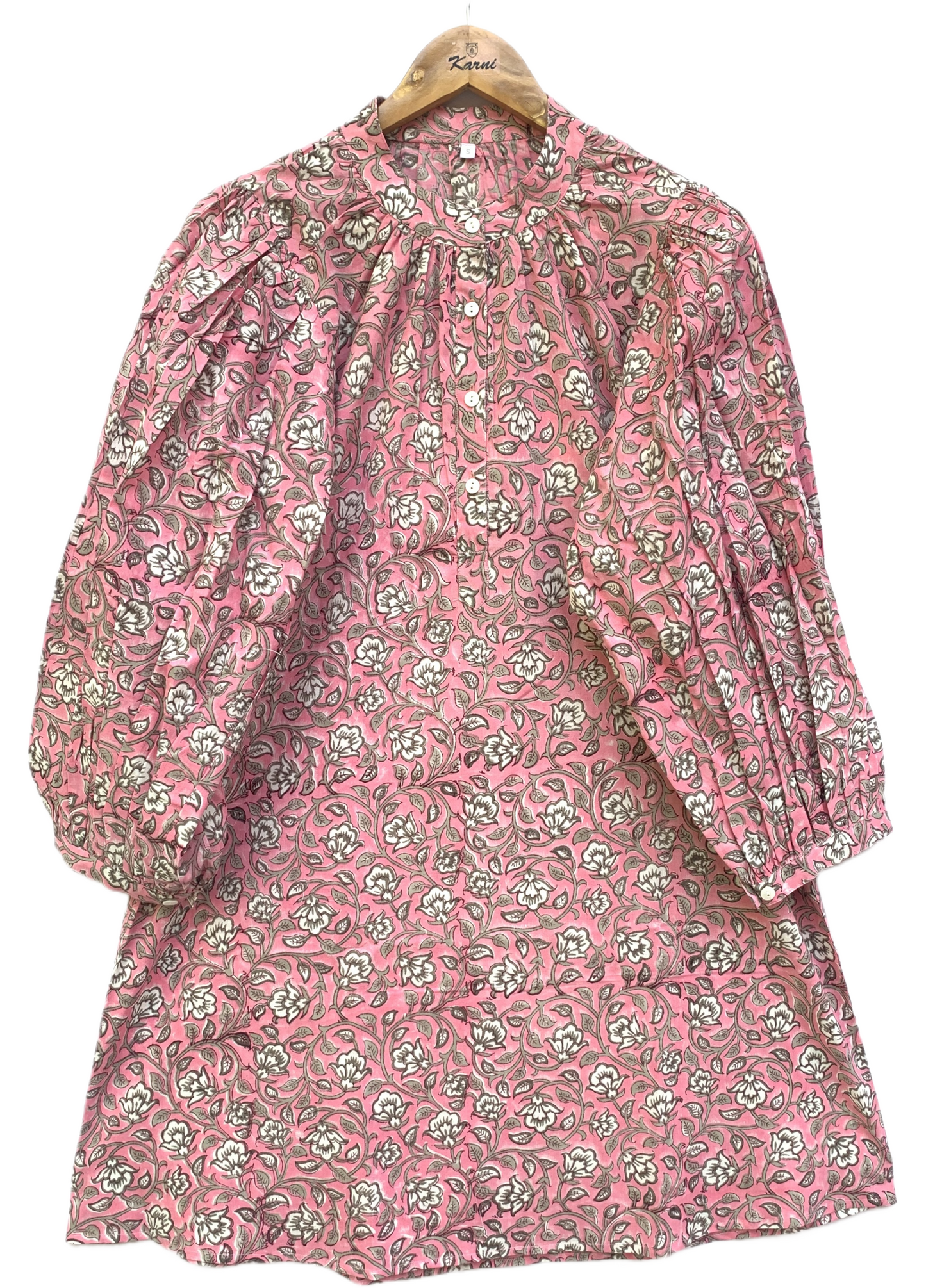 Pink Block Print Cotton Dress – Boho Mini Tunic with Balloon Sleeves
