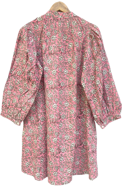 Pink Block Print Cotton Dress – Boho Mini Tunic with Balloon Sleeves