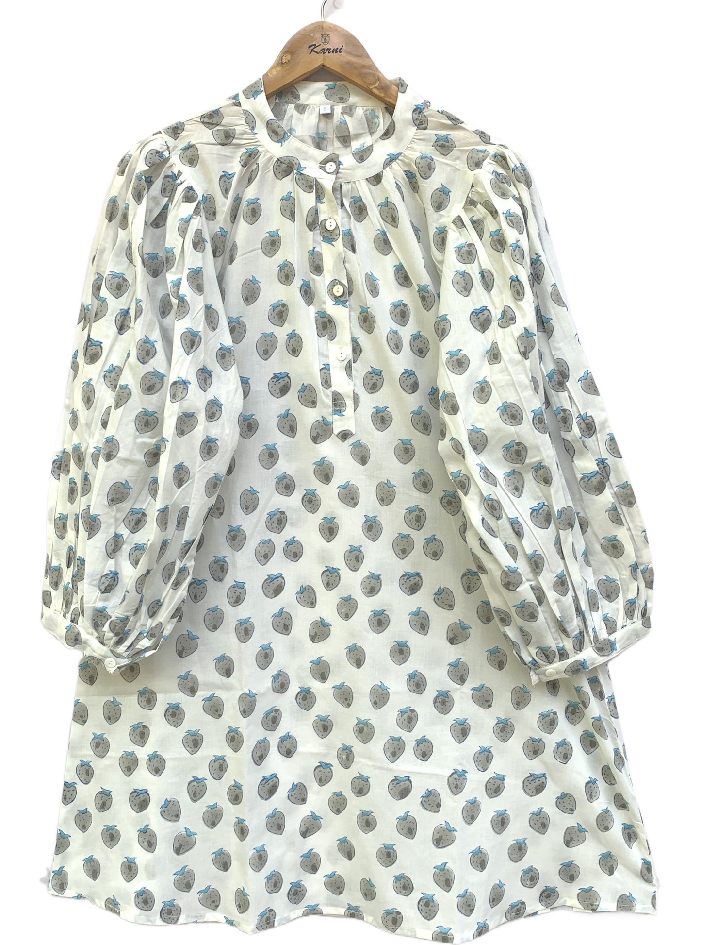 Blue Floral Block Print Dress – Cotton Boho Mini with Balloon Sleeves