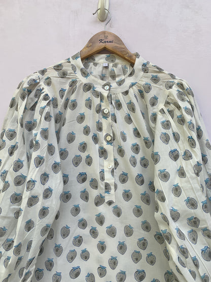 Blue Floral Block Print Dress – Cotton Boho Mini with Balloon Sleeves