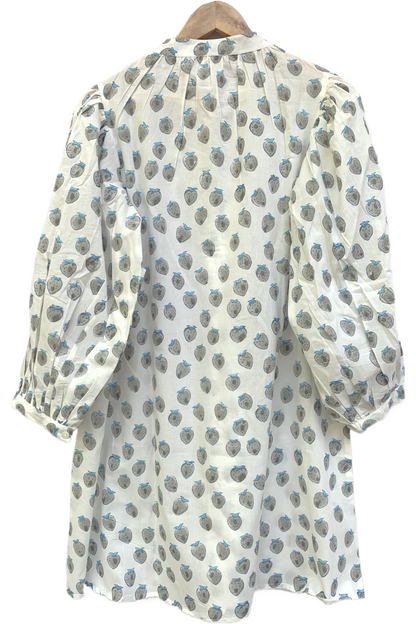 Blue Floral Block Print Dress – Cotton Boho Mini with Balloon Sleeves