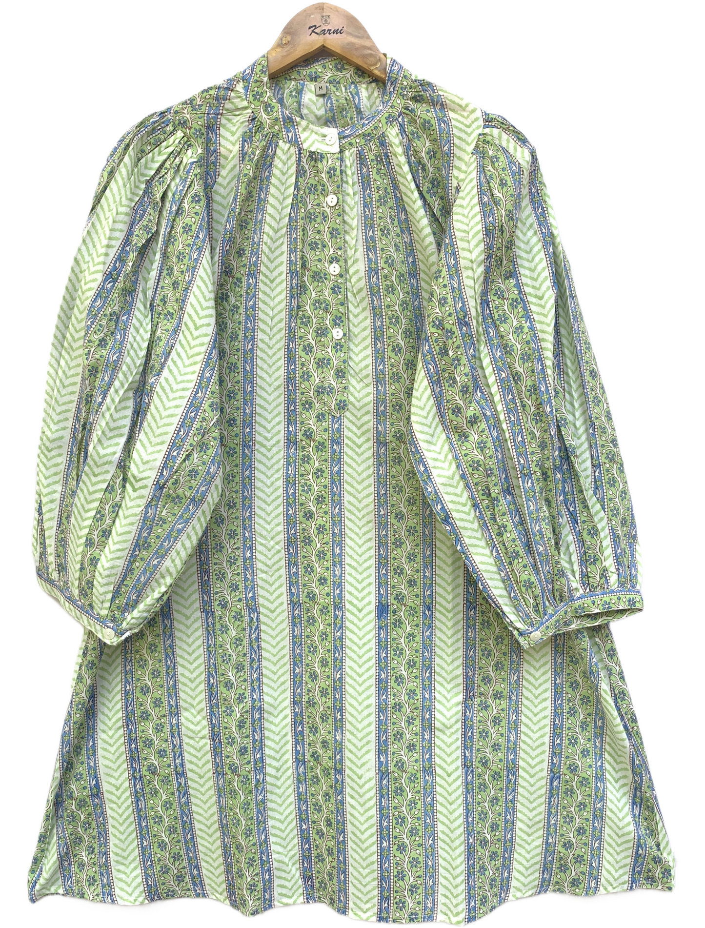 Green Floral Stripe Block Print Dress – Handmade Cotton Puff Sleeve Mini