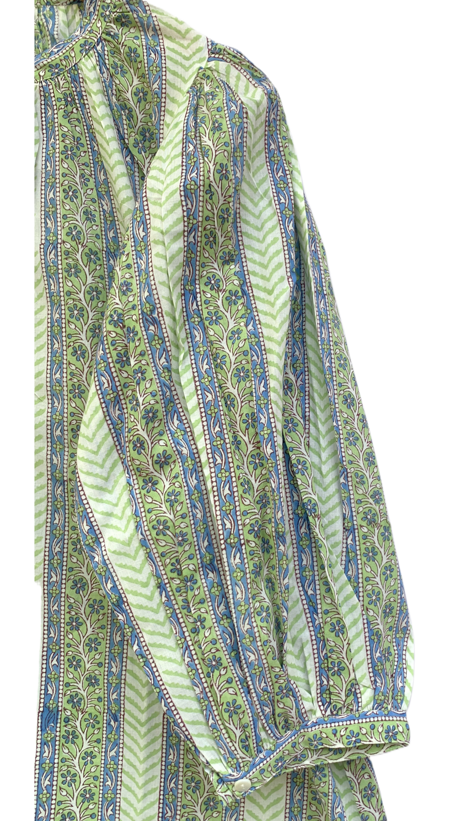 Green Floral Stripe Block Print Dress – Handmade Cotton Puff Sleeve Mini