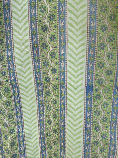 Green Floral Stripe Block Print Dress – Handmade Cotton Puff Sleeve Mini